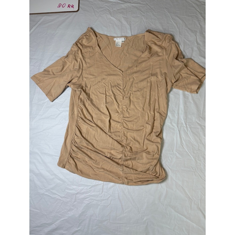 Spanner Women's Beige Ruched V Neck Short Sleeve Stretch‎ T Shirt Top XL